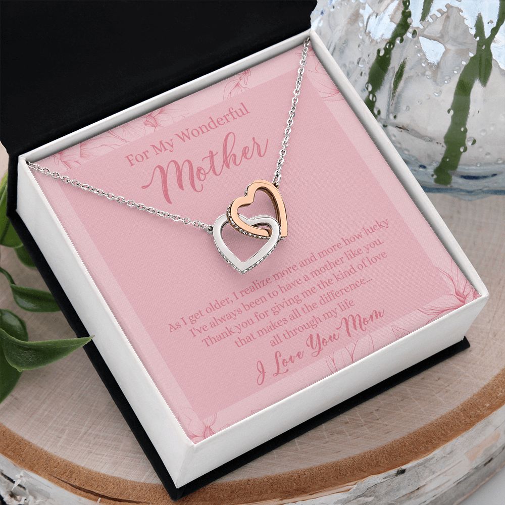 To My Wonderful Mother Necklace Message Card, Gift Box for Mom Birthday Gift From Daughter Mothers Day Necklace for Mom Gift From Daughter Mom Gifts For Wedding Mom Thank You Gift For Mom Interlocking Hearts Necklace