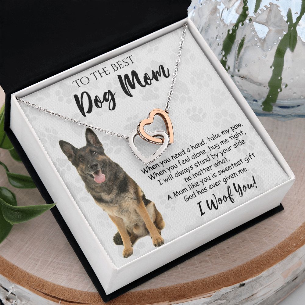 To The Best German Shepherd Dog Mom Knot Necklace Mother's Day Gift , I Woof You Quote Gift Card, Message Card Jewelry For Dog Lovers, Necklace For Mom Interlocking Hearts Necklace