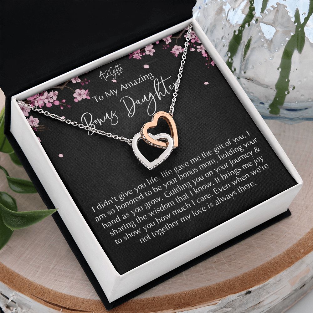 Bonus Daughter Gifts From Stepdad, Step Daughter Gifts From Stepmom, Stepdaughter Gifts From Stepdad, Father Stepdaughter Necklace, To My Bonus Daughter Necklaces, Christmas Gifts For Bonus D Interlocking Hearts Necklace