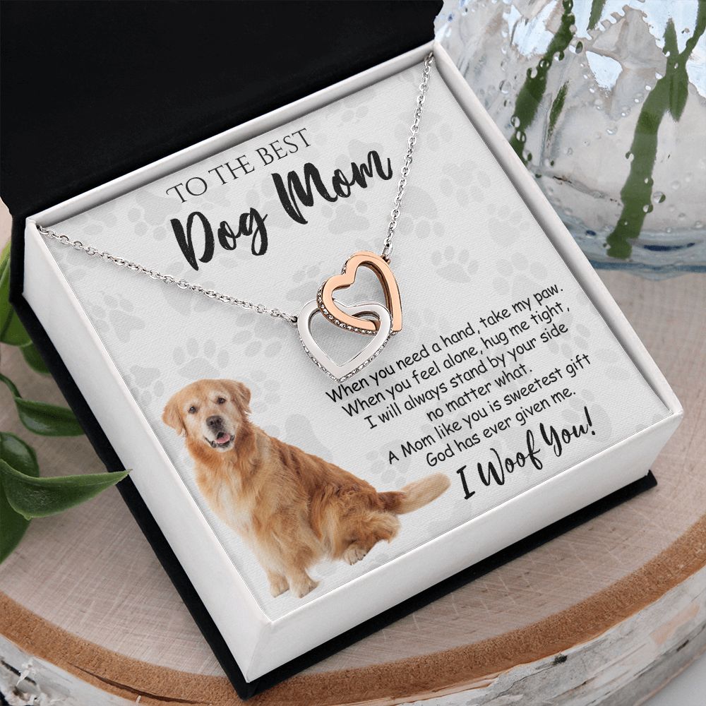 To The Best Golden Retriever Dog Mom Knot Necklace Mother's Day Gift , I Woof You Quote Gift Card, Message Card Jewelry For Dog Lovers, Necklace For Mom Interlocking Hearts Necklace