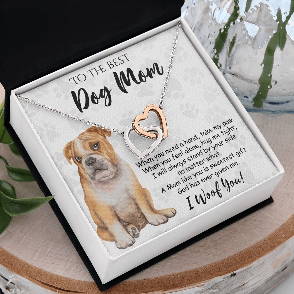 To The Best BullDog Mom Knot Necklace Mother's Day Gift , I Woof You Gift Card, Message Card Jewelry For Dog Lovers, Necklace For Mom Interlocking Hearts Necklace