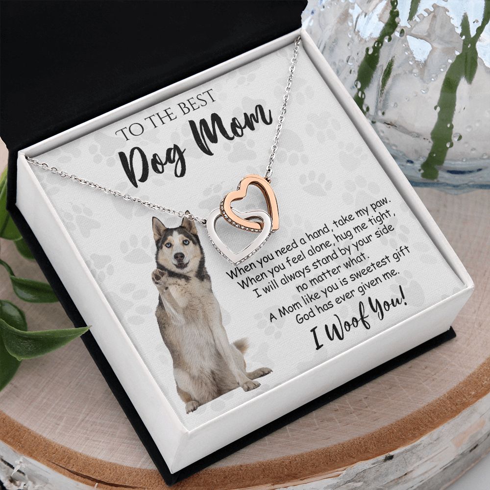 To The Best Husky Dog Mom Knot Necklace Mother's Day Gift , I Woof You Quote Gift Card, Message Card Jewelry For Dog Lovers, Necklace For Mom Interlocking Hearts Necklace