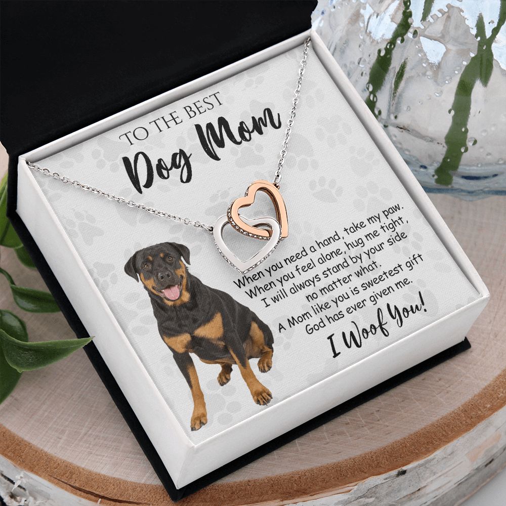 To The Best Rottweiler Dog Mom Knot Necklace Mother's Day Gift , I Woof You Quote Gift Card, Message Card Jewelry For Dog Lovers, Necklace For Mom Interlocking Hearts Necklace