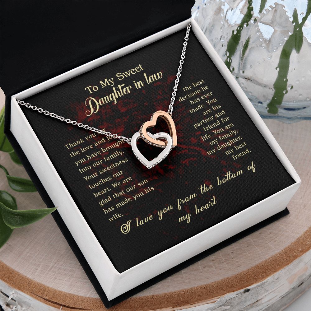 To my Daughter In Law Necklace Pendant Thank You For The Love And Joy With Message Card Gift Box Gift For To Daughter, Daughter In Law On Birthday Anniversary Gift Interlocking Hearts Necklace