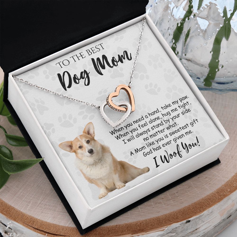 To The Best Corgi Dog Mom Knot Necklace Mother's Day Gift , I Woof You Quote Gift Card, Message Card Jewelry For Dog Lovers, Necklace For Mom Interlocking Hearts Necklace