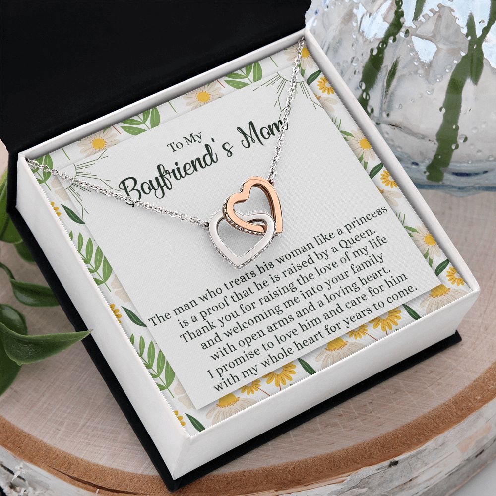 To My Boyfriend's Mom Necklace with Message Card Box, Boyfriends Mom Gift Necklace for Boyfriends Mom Mother Girlfriends to Boyfriend Mom Gift for Mom of Boyfriend Custom Message Card Interlocking Hearts Necklace