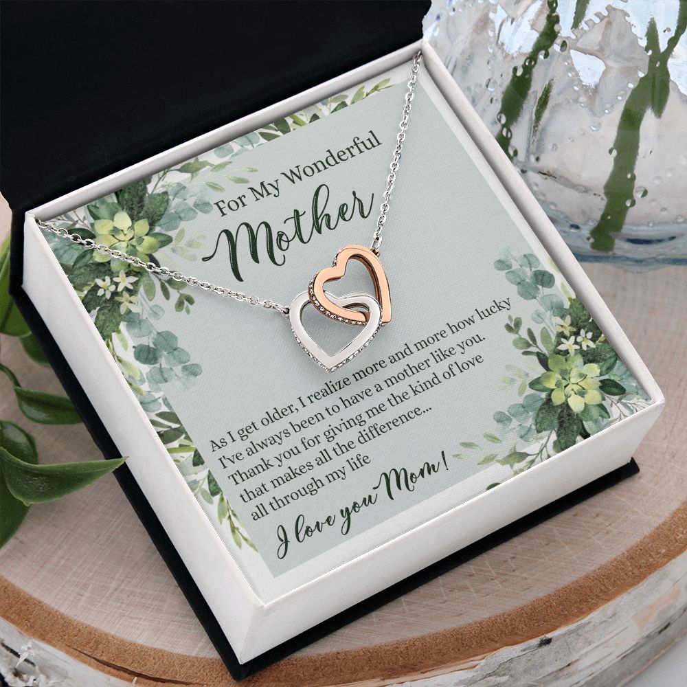 To My Wonderful Mother Necklace Message Card, Gift Box for Mom Birthday Gift From Daughter Mothers Day Necklace for Mom Gift From Daughter Mom Gifts For Mom Thank You Gift For Mom Interlocking Hearts Necklace