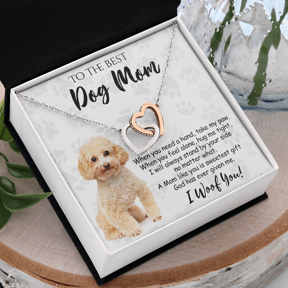 To The Best Poodle Dog Mom Knot Necklace Mother's Day Gift , I Woof You Quote Gift Card, Message Card Jewelry For Dog Lovers, Necklace For Mom Interlocking Hearts Necklace