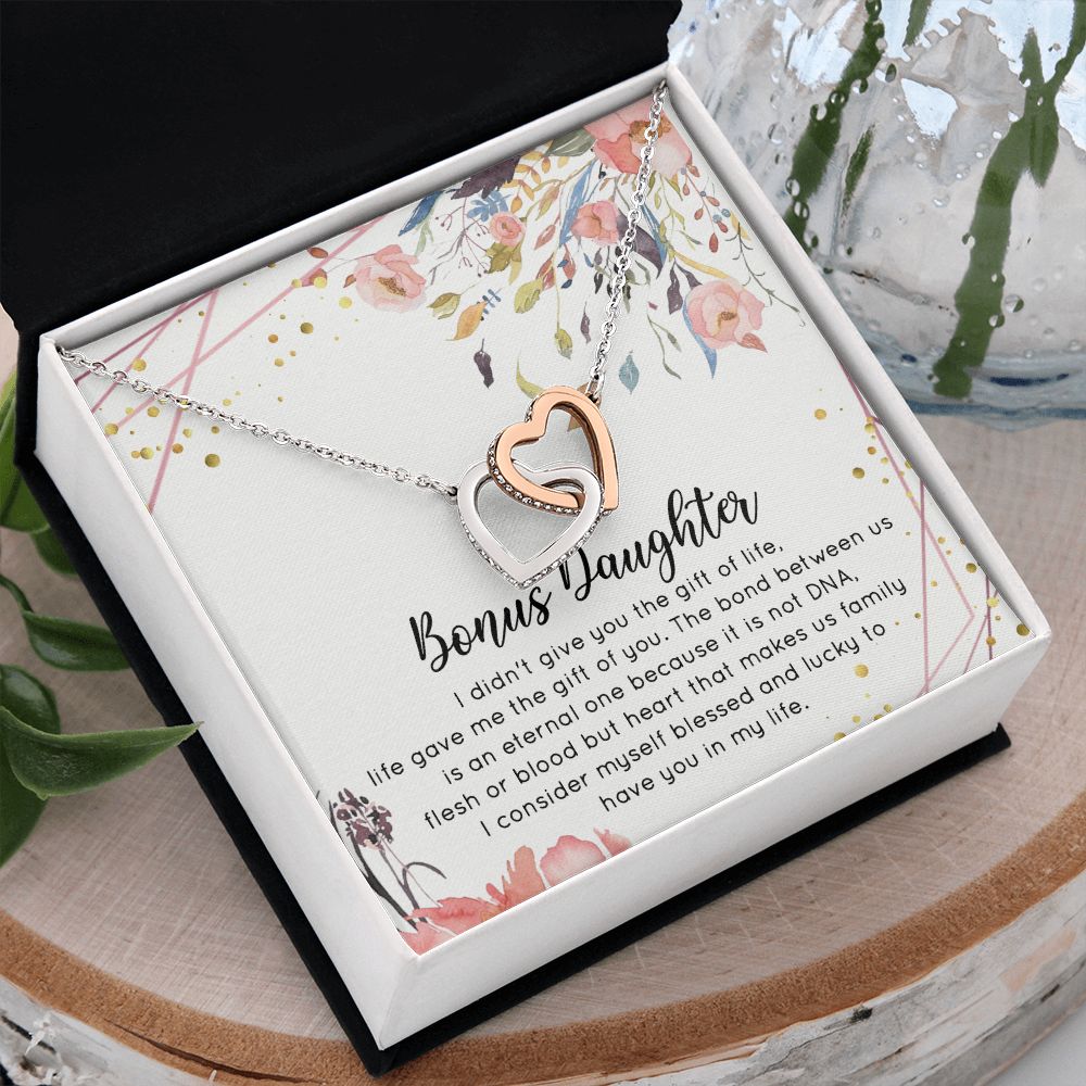 Bonus Daughter Gifts From Stepdad, Step Daughter Gifts From Stepmom, Stepdaughter Gifts From Stepdad, Father Stepdaughter Necklace, To My Bonus Daughter Necklaces, Christmas Gifts For Bonus2 Interlocking Hearts Necklace