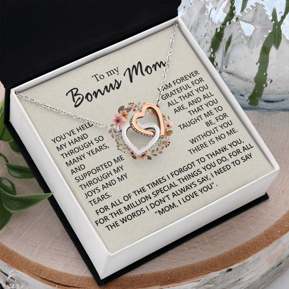 Bonus Mom Jewelry Gift for Stepmom, Foster Mom - Featuring Necklace With Meaningful Message Card & Gift Box for Birthday, Mother's Day Necklace for Bonus Mom Interlocking Hearts Necklace