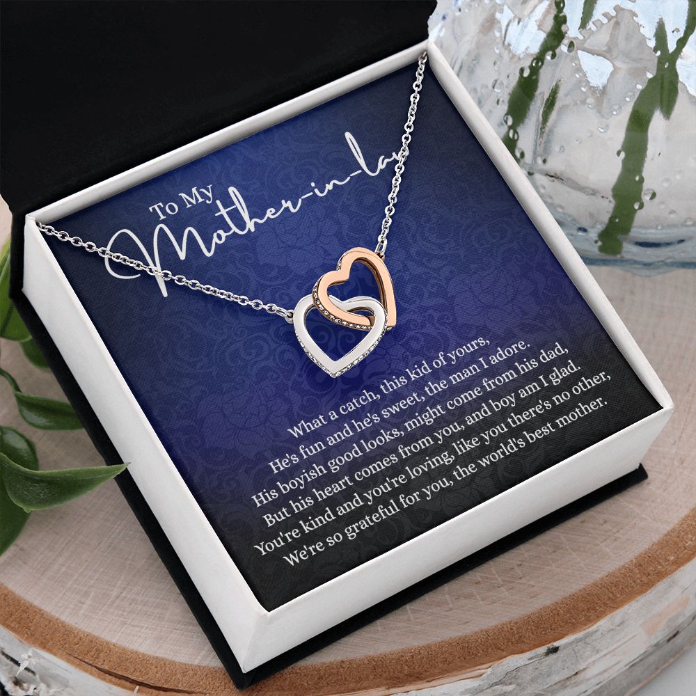 To My Mother in Law Necklace, Gift for Mother in Law Jewelry Box, Gift Card, Necklace for Mother in Law Jewelry Gift to My Mother-in-law on Wedding Day Mother's day gift for Mother in Law Interlocking Hearts Necklace