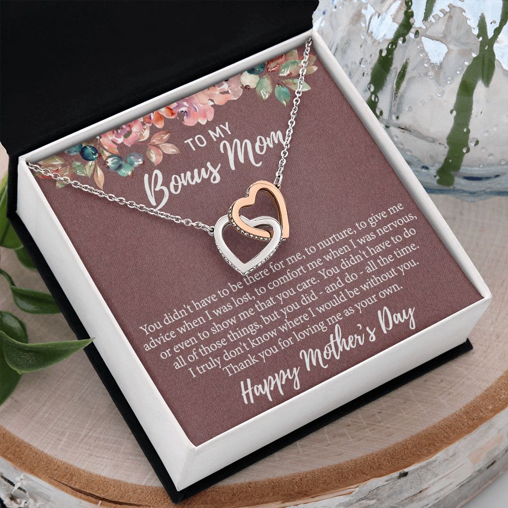 To My Bonus Mom Necklace, Gift for Bonus Mother From Bonus Daughter to Stepmom Jewelry Gift for Mother's Day, Valentine's, Birthday, Anniversary Interlocking Hearts Necklace
