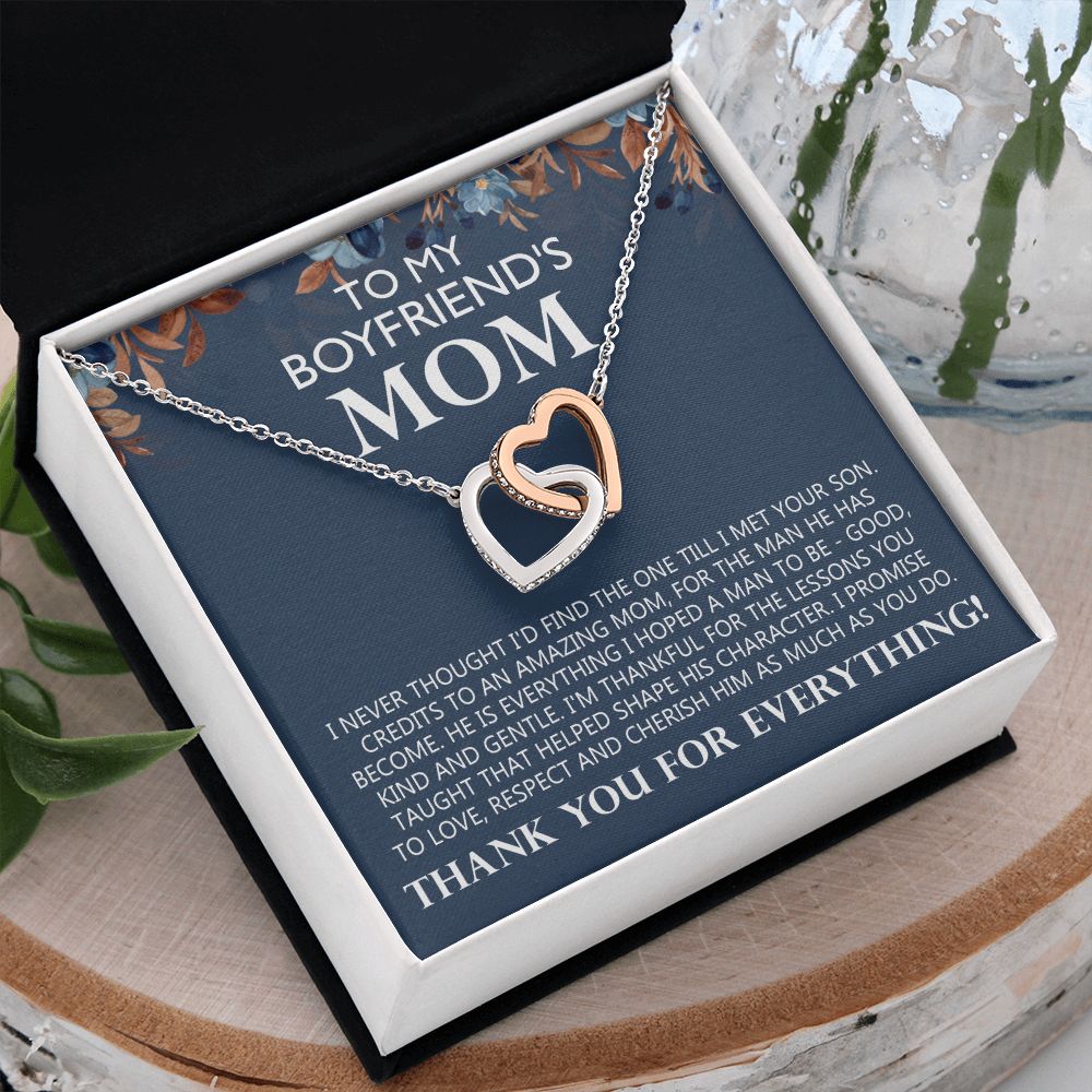 To My Boyfriend's Mom Gift Boyfriends Mom Necklace Future Mother in Law Jewelry Christmas Mothers Day Gift with Message Card Box For My Boyfriend Mother Mom Mother's Day Necklace Interlocking Hearts Necklace