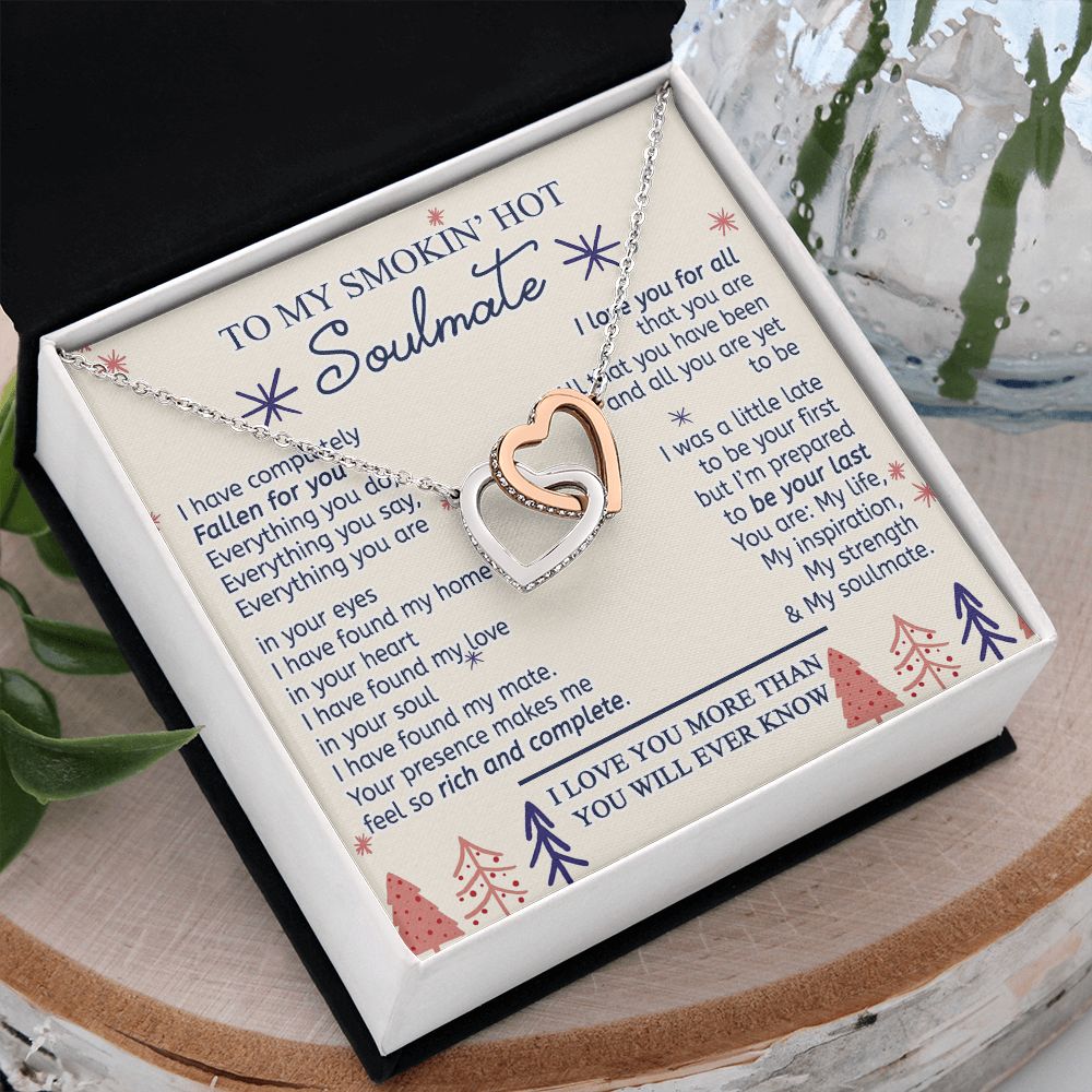To My Smokin Hot Soulmate Necklace - Wife Gifts From Husband To My Wife Necklace, Gift for Her Romantic, Girlfriend Gifts Necklace for Wife from Men Includes Message Card and Gift Box 16 Interlocking Hearts Necklace