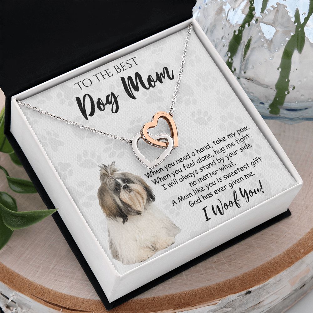 To The Best Shih Tzu Dog Mom Knot Necklace Mother's Day Gift , I Woof You Quote Gift Card, Message Card Jewelry For Dog Lovers, Necklace For Mom Interlocking Hearts Necklace