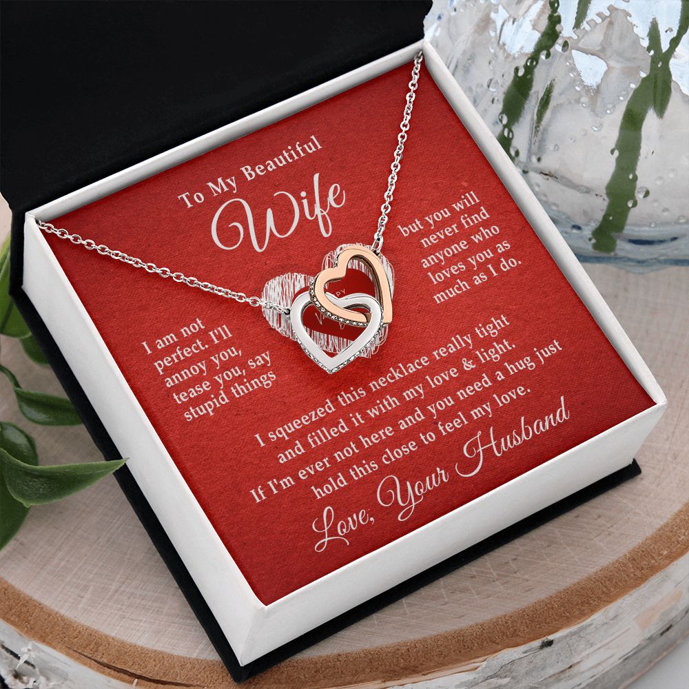 To My Beautiful Wife Necklace, Wedding Anniversary Jewelry For Women, Necklace For Wife from Husband, Gifts For Wife Birthday Gifts Necklace, Jewelry With Message Card In A Gift Box Interlocking Hearts Necklace
