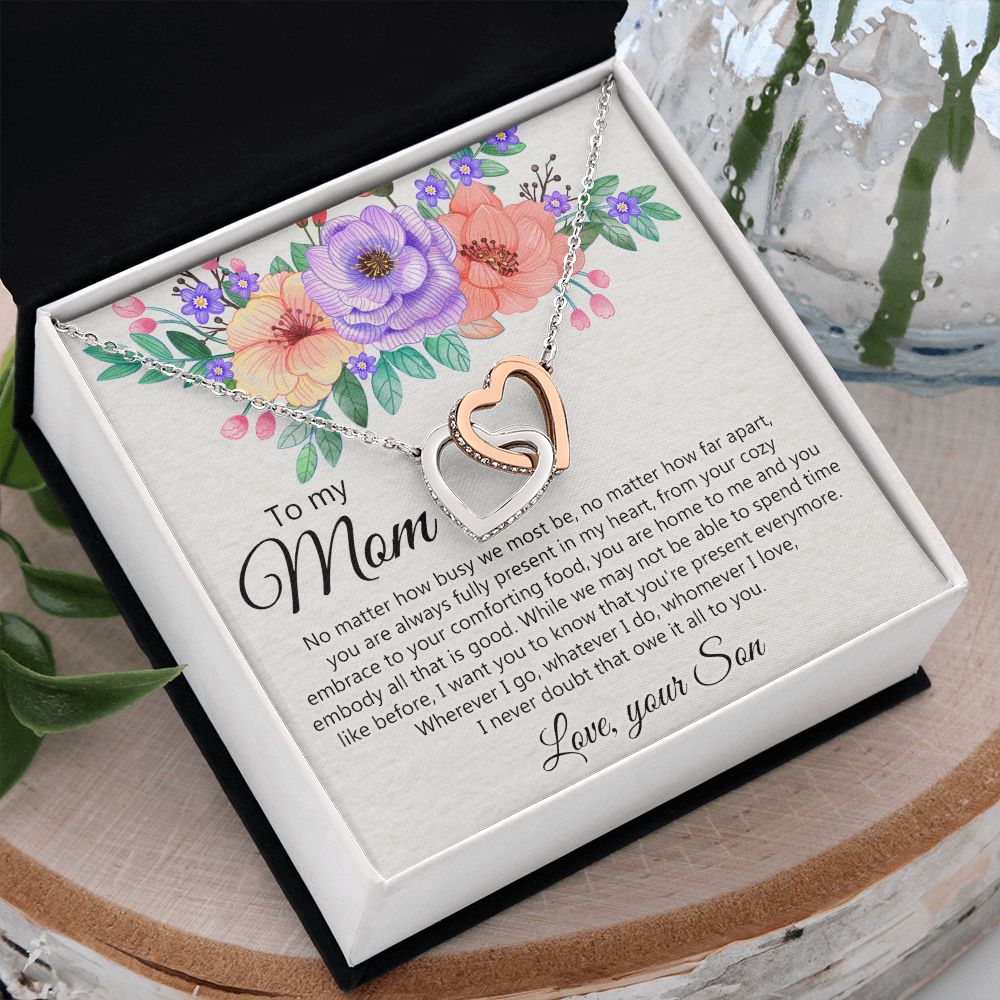 To my Mom Love Your Son Necklace, Meaningful Gift for Mom Necklace Jewelry for Women, Gift for Mom from Son, Son to Mom Jewelry Box, Mom Gift on Mother's Day Birthday Holiday Present Interlocking Hearts Necklace