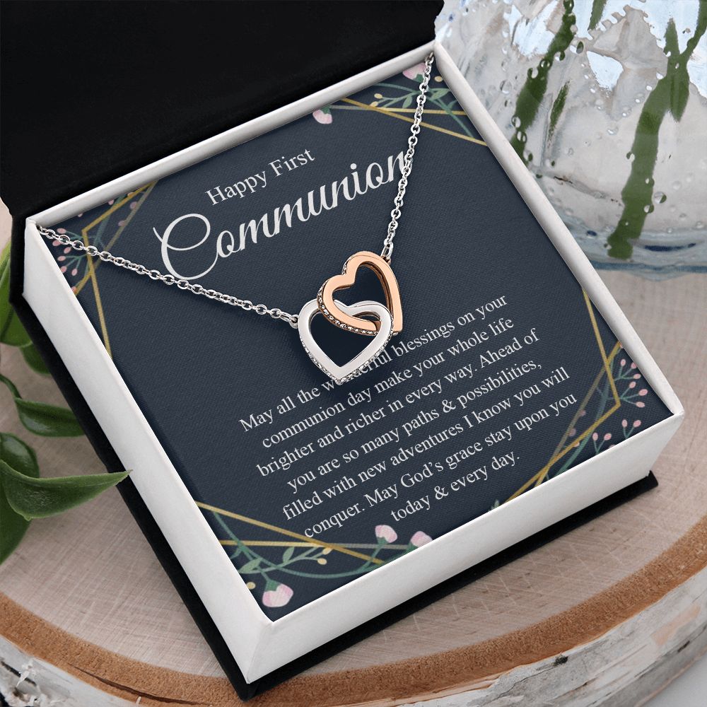 Interlocking Hearts Necklace, For First Communion Gift First Holy Communion Congrats Graduation Pendants Gift For Daughter, Granddaughter, Niece, Sister Interlocking Hearts Necklace