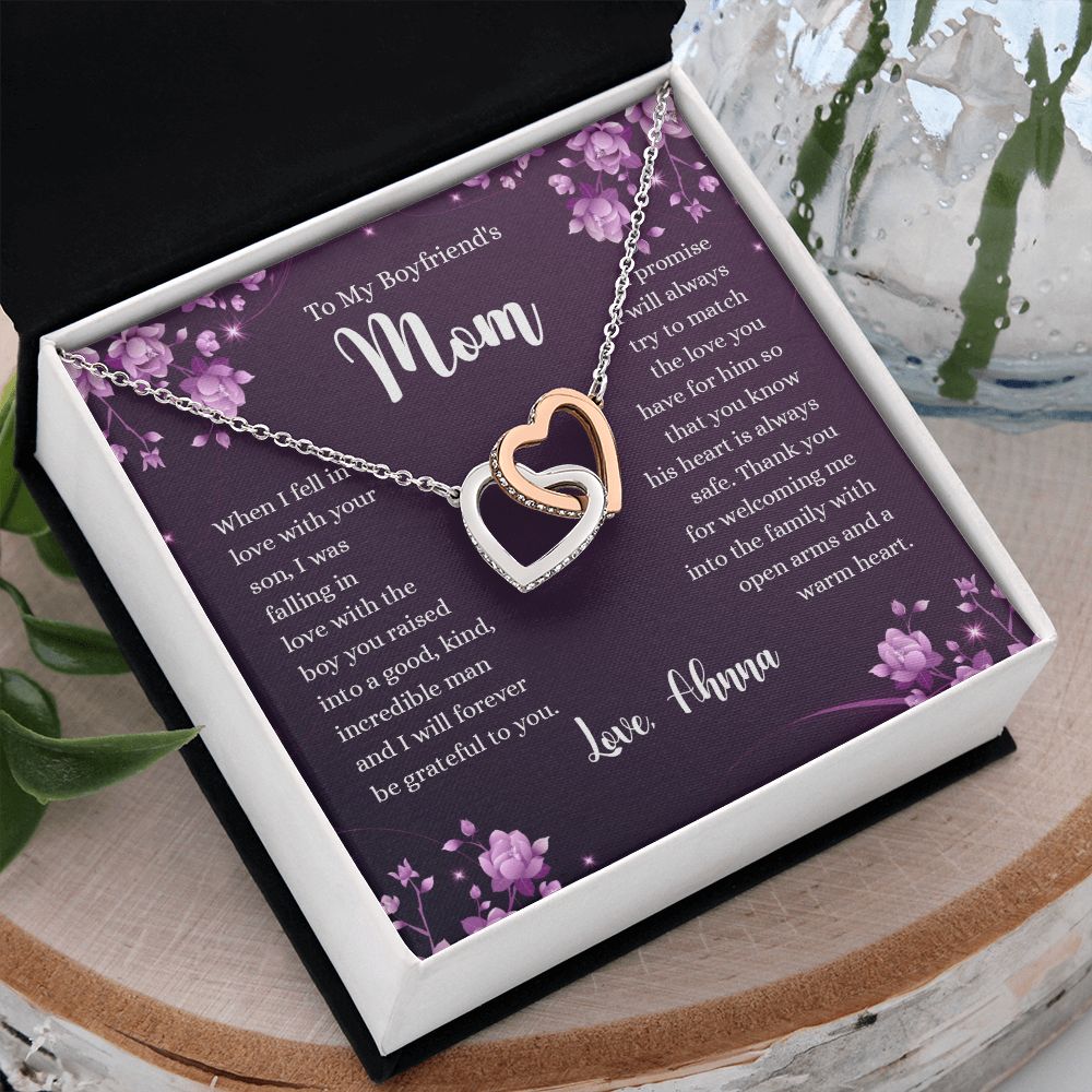 To My Boyfriends Mom Necklace with Message Card Jewelry Custom Card Necklace for Boyfriends Moms Birthday Gift For Boyfriend’s Mom, Mother’s Day Gift Jewelry for Boyfriends Mom Interlocking Hearts Necklace