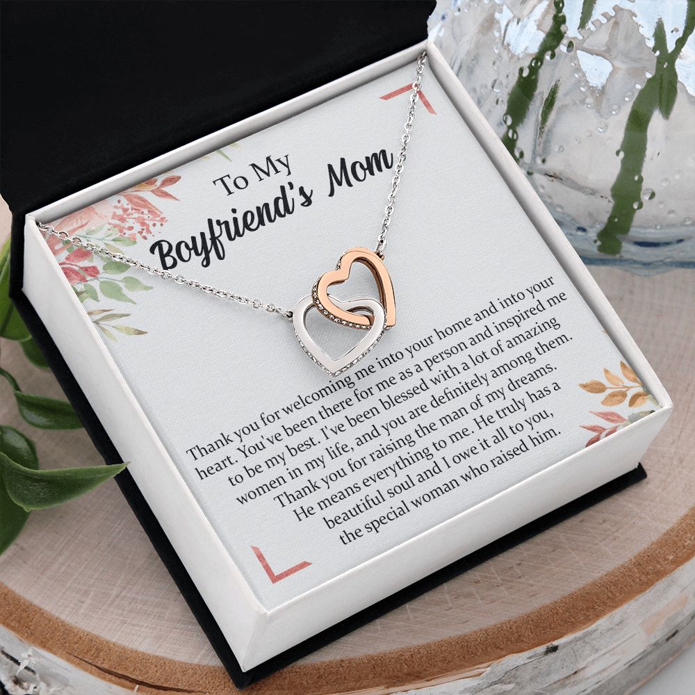 To My Boyfriend's Mom Necklace, Thank You for Raising Man Necklace, Gift to My Boyfriend's Mom for Mothers Day Birthday, Christmas, Going Away, Retirement Jewelry for Women Interlocking Hearts Necklace