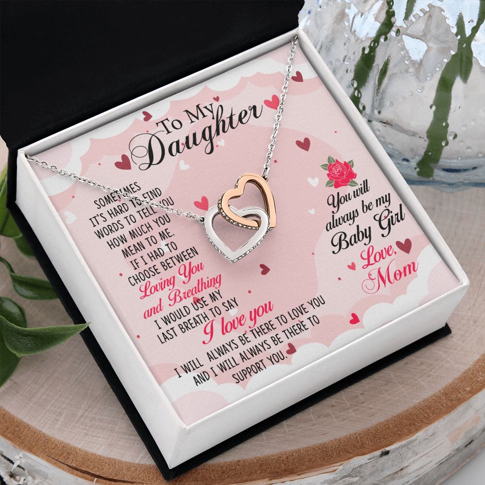 To my Daughter Necklace Pendant Gift From Mom Loving You And Breathing With Message Card Gift Box Gift For To Daughter, Daughter In Law On Birthday Anniversary Interlocking Hearts Necklace