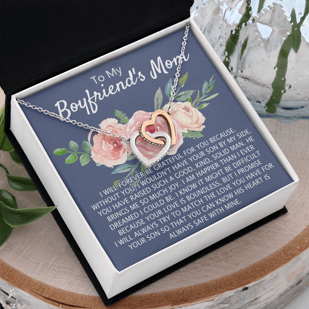 To My Boyfriend's Mom Necklace Pendant Jewelry Gift for Boyfriend's Mom on Mothers Day Birthday Present Jewelry Gift Box for Boyfriend's Mom Gift Personalized Custom Necklace for Women Interlocking Hearts Necklace