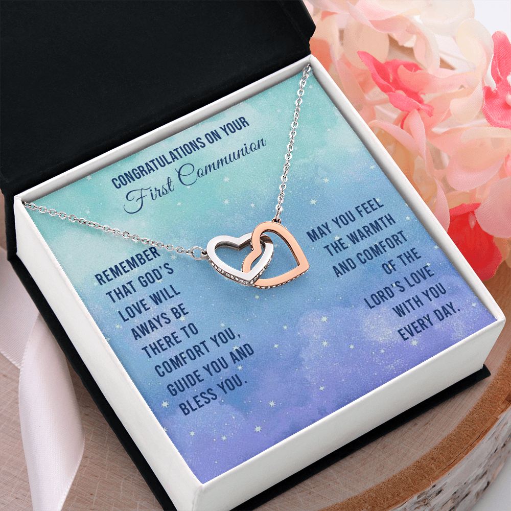 First Communion - Remember that God’s love will Interlocking Hearts Necklace