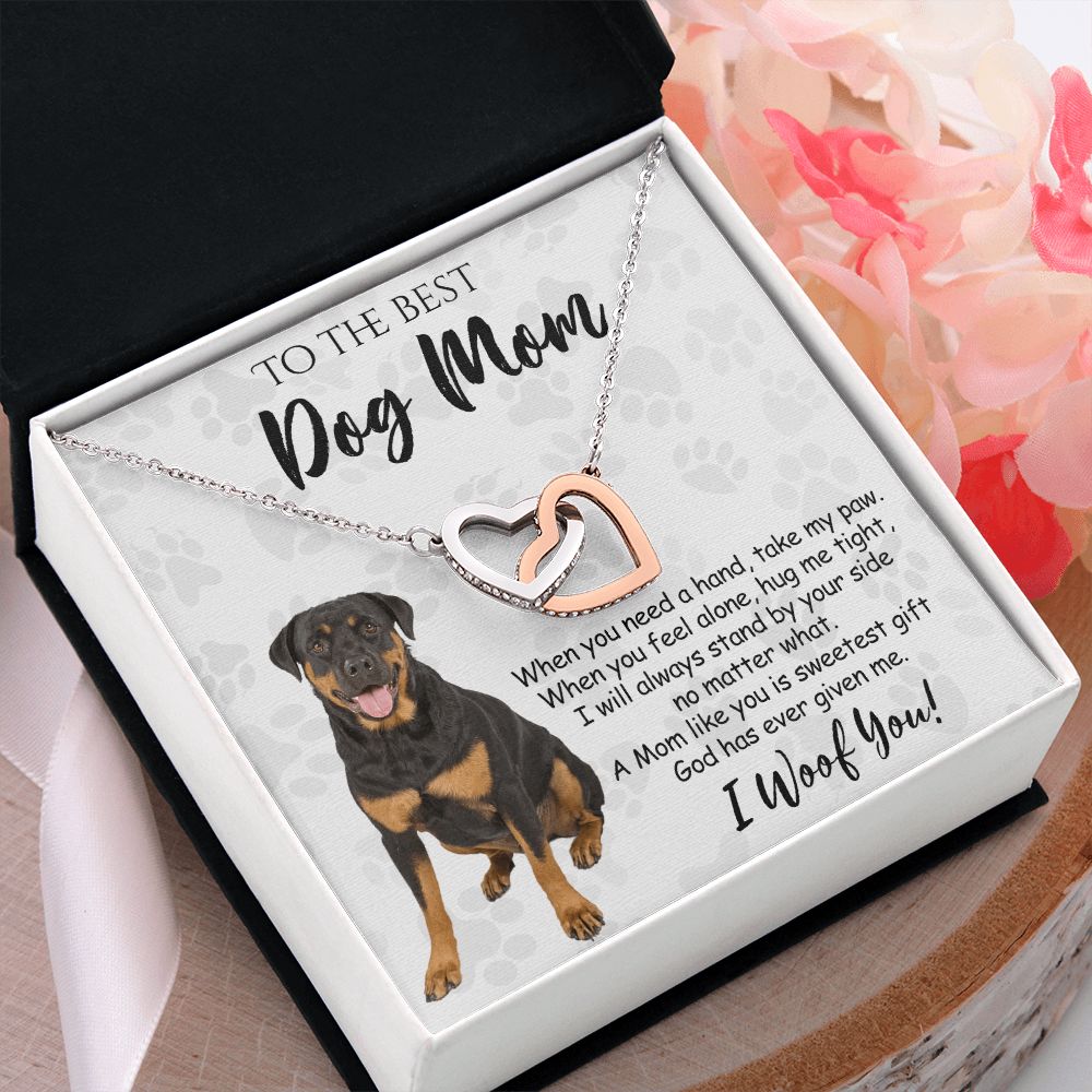 To The Best Rottweiler Dog Mom Knot Necklace Mother's Day Gift , I Woof You Quote Gift Card, Message Card Jewelry For Dog Lovers, Necklace For Mom Interlocking Hearts Necklace