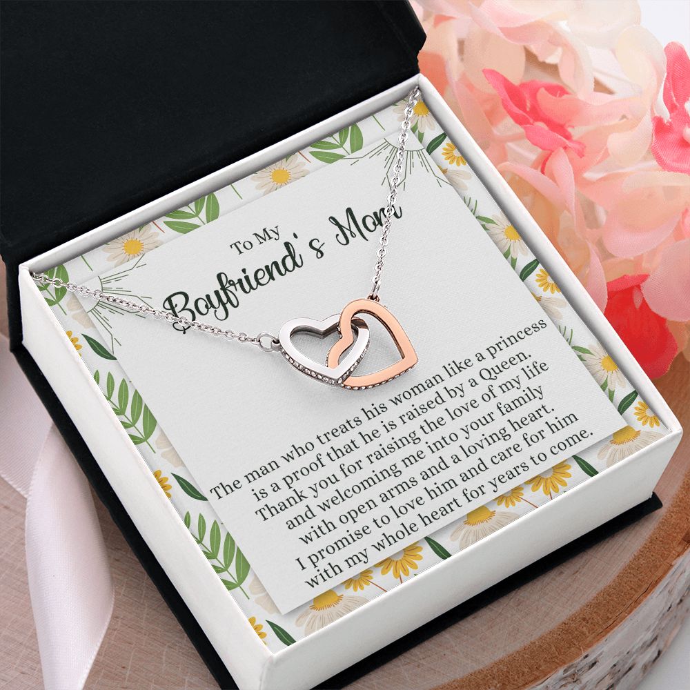 To My Boyfriend's Mom Necklace with Message Card Box, Boyfriends Mom Gift Necklace for Boyfriends Mom Mother Girlfriends to Boyfriend Mom Gift for Mom of Boyfriend Custom Message Card Interlocking Hearts Necklace
