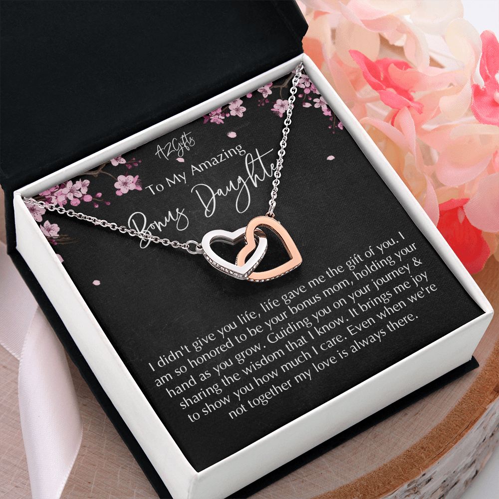 Bonus Daughter Gifts From Stepdad, Step Daughter Gifts From Stepmom, Stepdaughter Gifts From Stepdad, Father Stepdaughter Necklace, To My Bonus Daughter Necklaces, Christmas Gifts For Bonus D Interlocking Hearts Necklace