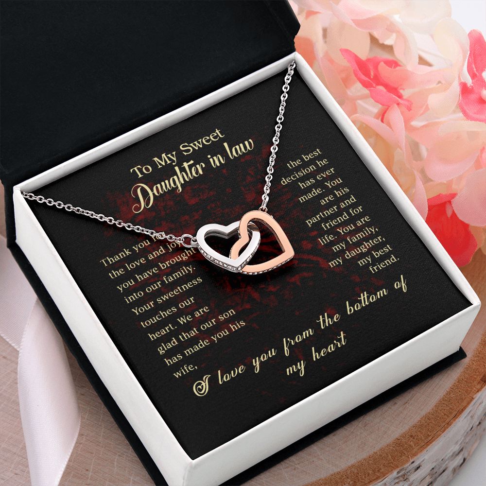 To my Daughter In Law Necklace Pendant Thank You For The Love And Joy With Message Card Gift Box Gift For To Daughter, Daughter In Law On Birthday Anniversary Gift Interlocking Hearts Necklace