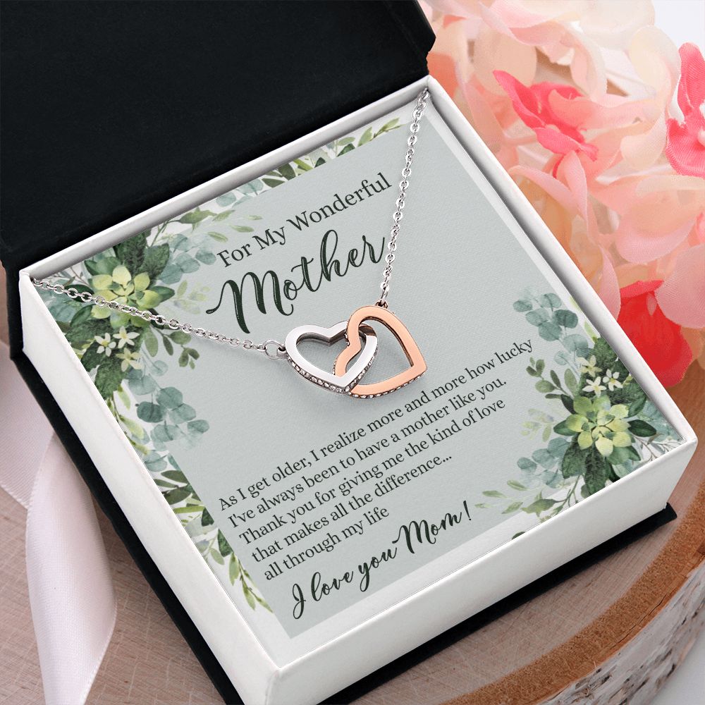 To My Wonderful Mother Necklace Message Card, Gift Box for Mom Birthday Gift From Daughter Mothers Day Necklace for Mom Gift From Daughter Mom Gifts For Mom Thank You Gift For Mom Interlocking Hearts Necklace