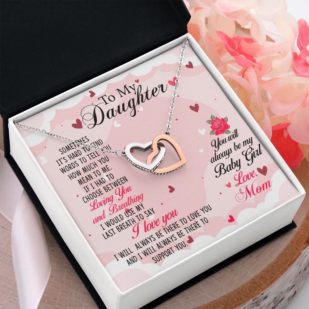 To my Daughter Necklace Pendant Gift From Mom Loving You And Breathing With Message Card Gift Box Gift For To Daughter, Daughter In Law On Birthday Anniversary Interlocking Hearts Necklace