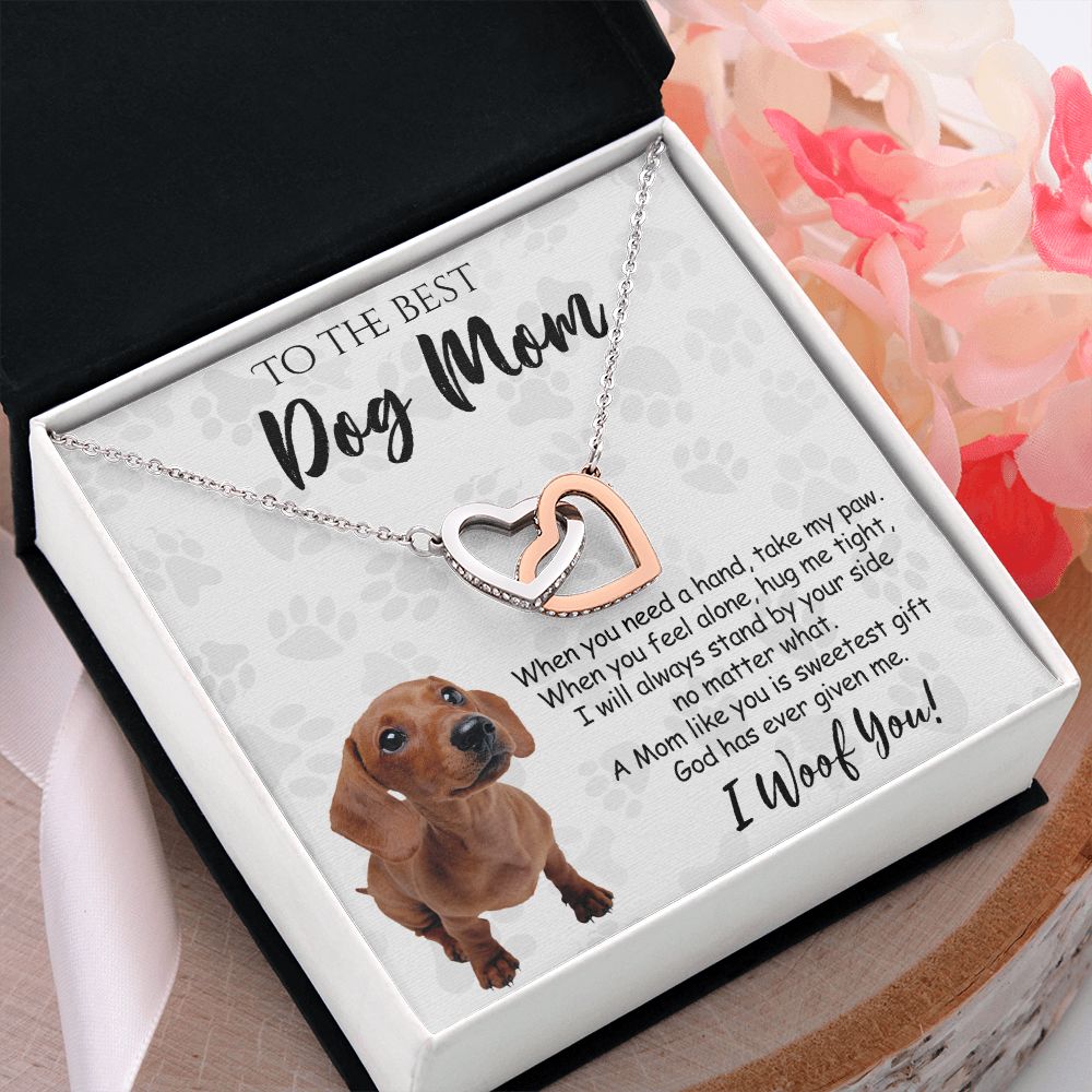 To The Best Dachshund Dog Mom Knot Necklace Mother's Day Gift , I Woof You Quote Gift Card, Message Card Jewelry For Dog Lovers, Necklace For Mom Interlocking Hearts Necklace