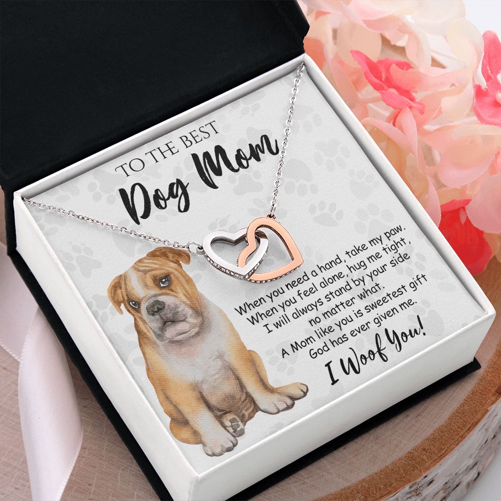 To The Best BullDog Mom Knot Necklace Mother's Day Gift , I Woof You Gift Card, Message Card Jewelry For Dog Lovers, Necklace For Mom Interlocking Hearts Necklace