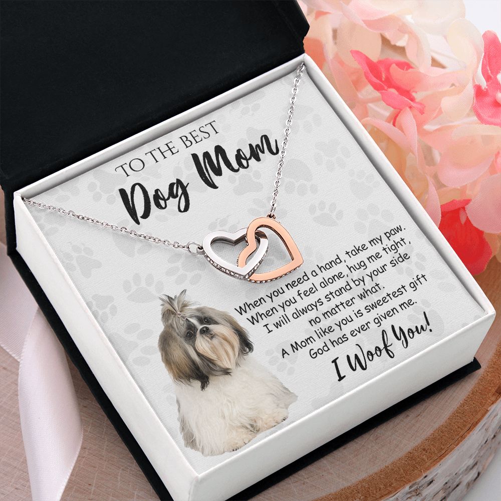 To The Best Shih Tzu Dog Mom Knot Necklace Mother's Day Gift , I Woof You Quote Gift Card, Message Card Jewelry For Dog Lovers, Necklace For Mom Interlocking Hearts Necklace