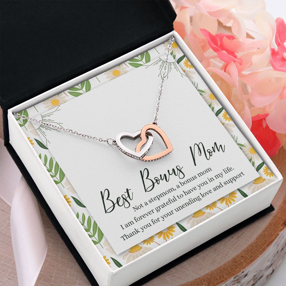 To My Best Bonus Mom Necklace Message Card, Jewelry for Bonus Mom Gift, Step Mom Wedding Gift for Stepmother Of The Bride Gift Thank You For Bonus Mom Necklace for Stepmom Wedding Gift Interlocking Hearts Necklace