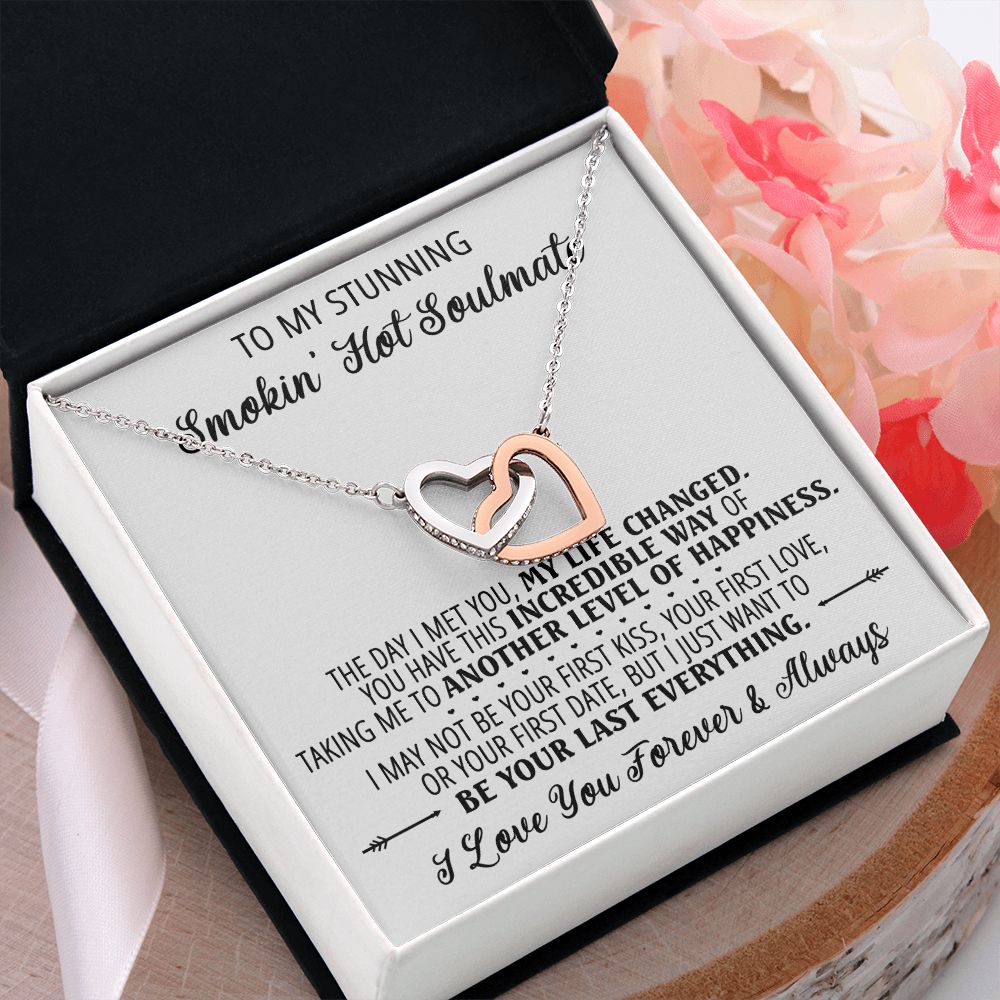 To My Smokin Hot Soulmate Necklace - Wife Gifts From Husband To My Wife Necklace, Gift for Her Romantic, Girlfriend Gifts Necklace for Wife from Men Includes Message Card and Gift Box 1 Interlocking Hearts Necklace