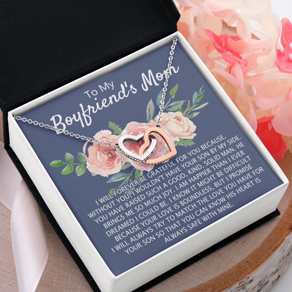 To My Boyfriend's Mom Necklace Pendant Jewelry Gift for Boyfriend's Mom on Mothers Day Birthday Present Jewelry Gift Box for Boyfriend's Mom Gift Personalized Custom Necklace for Women Interlocking Hearts Necklace