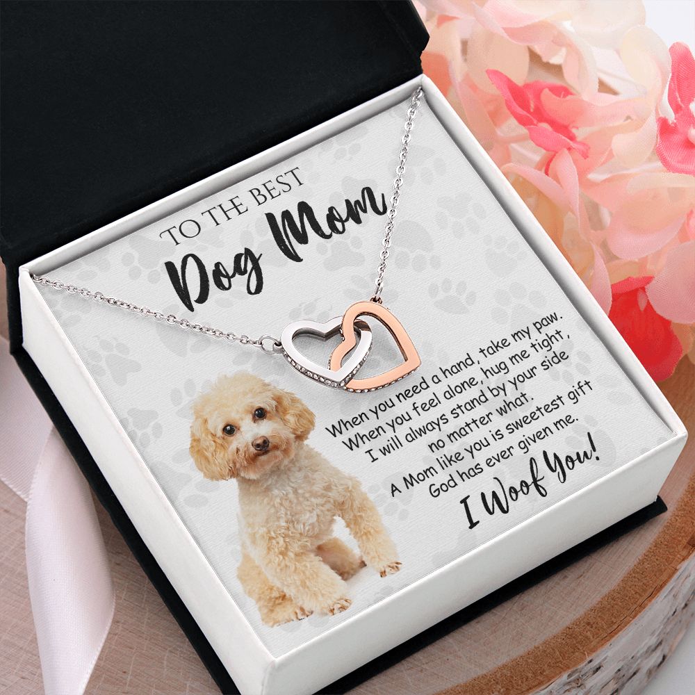 To The Best Poodle Dog Mom Knot Necklace Mother's Day Gift , I Woof You Quote Gift Card, Message Card Jewelry For Dog Lovers, Necklace For Mom Interlocking Hearts Necklace