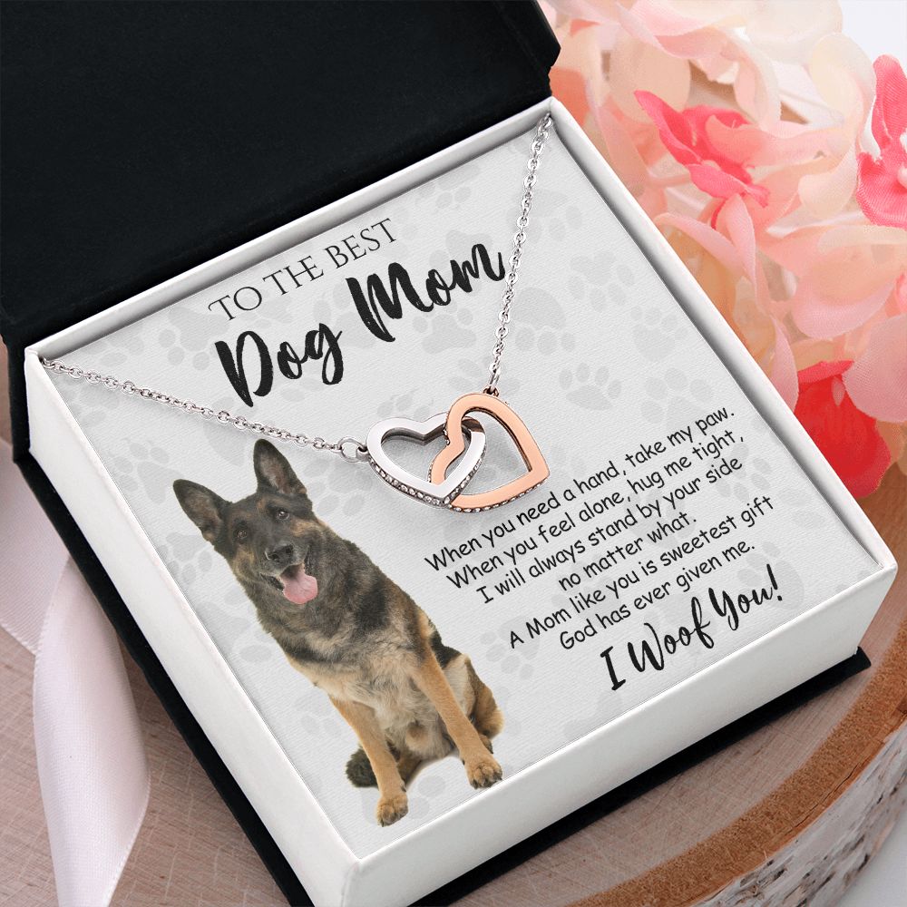 To The Best German Shepherd Dog Mom Knot Necklace Mother's Day Gift , I Woof You Quote Gift Card, Message Card Jewelry For Dog Lovers, Necklace For Mom Interlocking Hearts Necklace