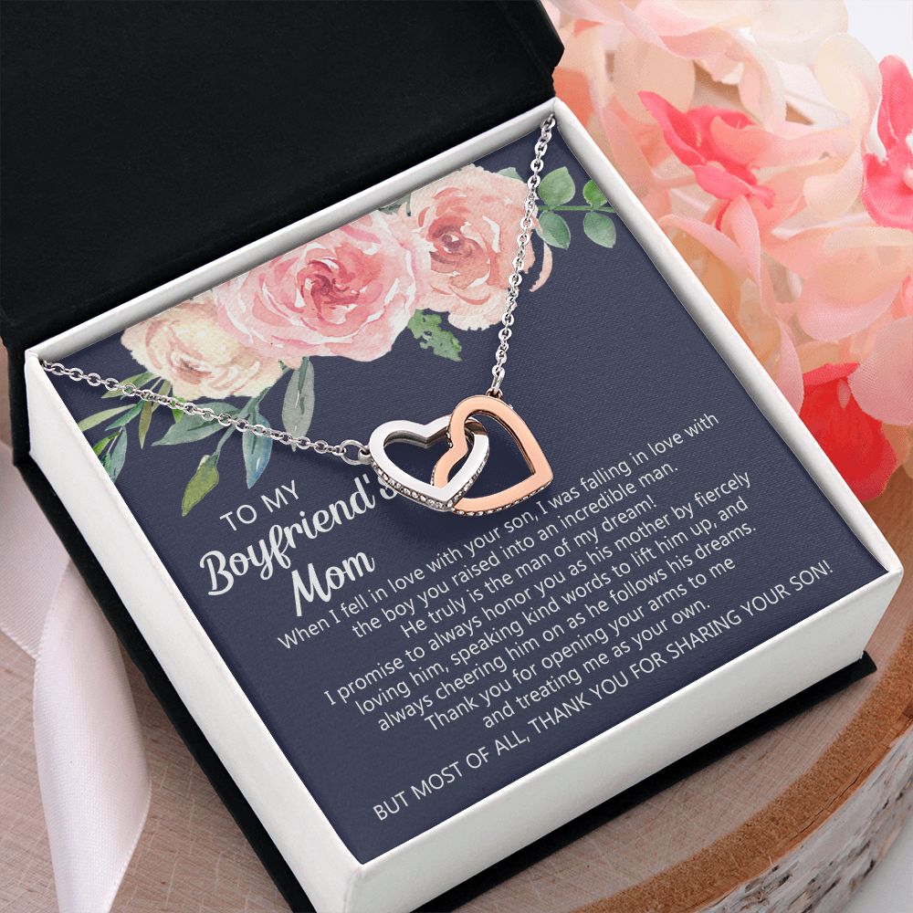 Personalized Gift for Boyfriends Mom, Boyfriends Mom Gift, Message Card Jewelry, To My Boyfriend's Mom Necklace with Message Card, Birthday Mother's Day Necklace for Boyfriend Mother Interlocking Hearts Necklace
