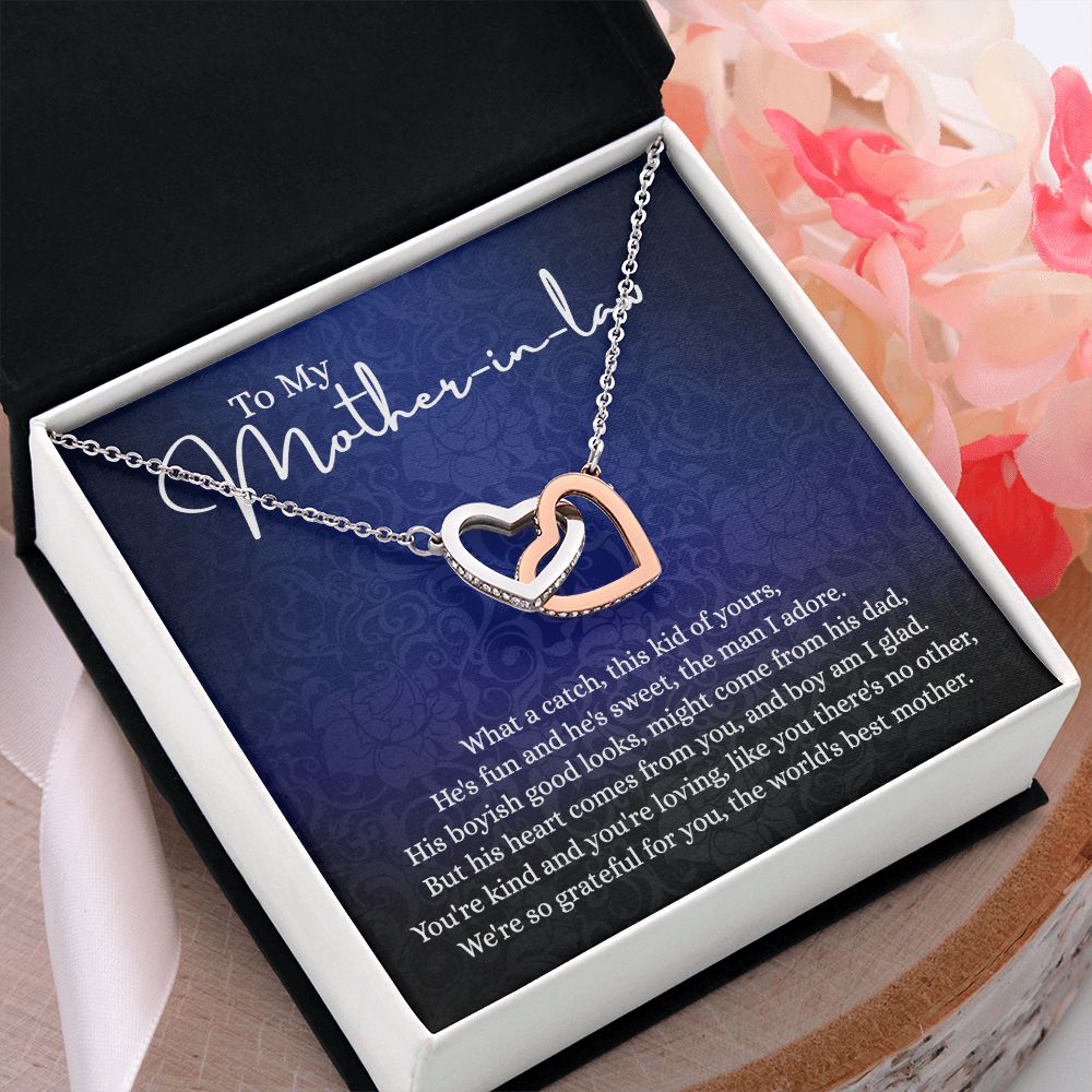 To My Mother in Law Necklace, Gift for Mother in Law Jewelry Box, Gift Card, Necklace for Mother in Law Jewelry Gift to My Mother-in-law on Wedding Day Mother's day gift for Mother in Law Interlocking Hearts Necklace