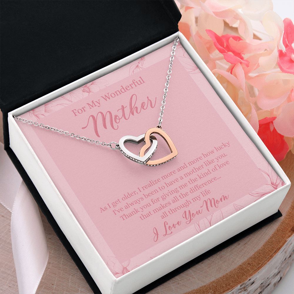 To My Wonderful Mother Necklace Message Card, Gift Box for Mom Birthday Gift From Daughter Mothers Day Necklace for Mom Gift From Daughter Mom Gifts For Wedding Mom Thank You Gift For Mom Interlocking Hearts Necklace