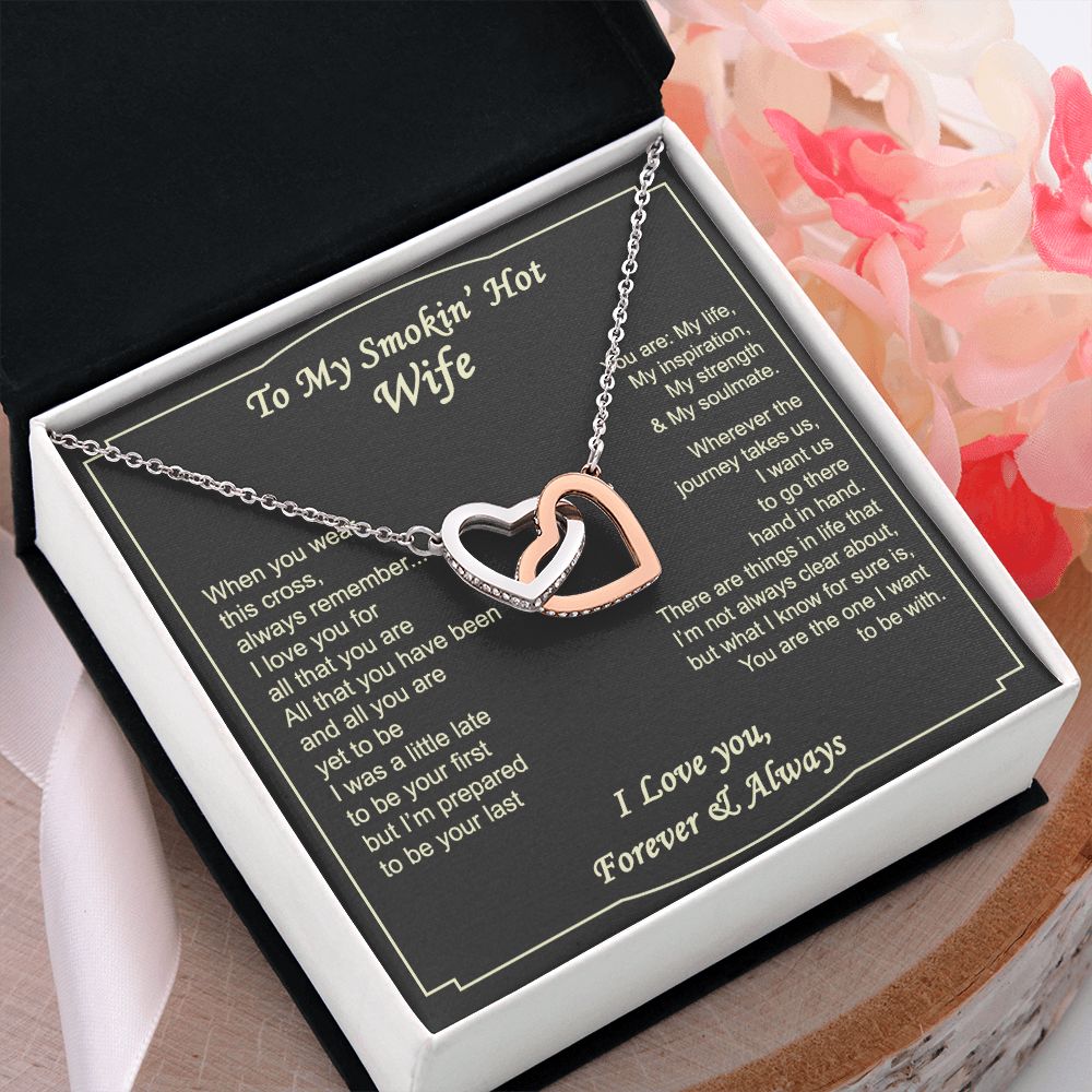 To My Smokin Hot Wife Necklace, Wedding Anniversary Jewelry For Women, Necklace For Wife from Husband, Gifts For Wife Birthday Gifts Necklace, Jewelry With Message Card In A Gift Box2 Interlocking Hearts Necklace