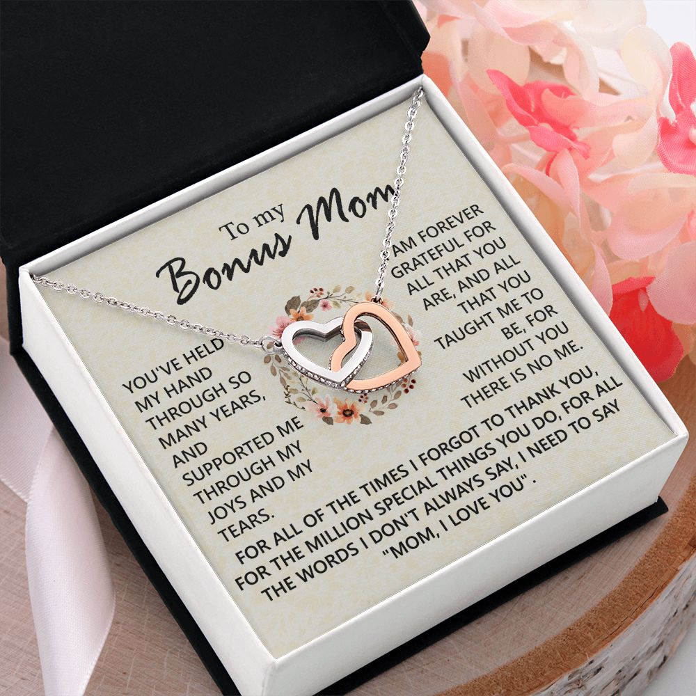 Bonus Mom Jewelry Gift for Stepmom, Foster Mom - Featuring Necklace With Meaningful Message Card & Gift Box for Birthday, Mother's Day Necklace for Bonus Mom Interlocking Hearts Necklace