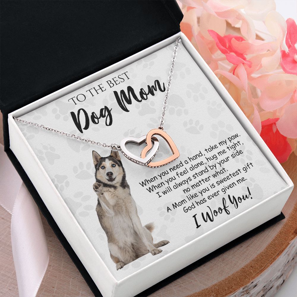 To The Best Husky Dog Mom Knot Necklace Mother's Day Gift , I Woof You Quote Gift Card, Message Card Jewelry For Dog Lovers, Necklace For Mom Interlocking Hearts Necklace