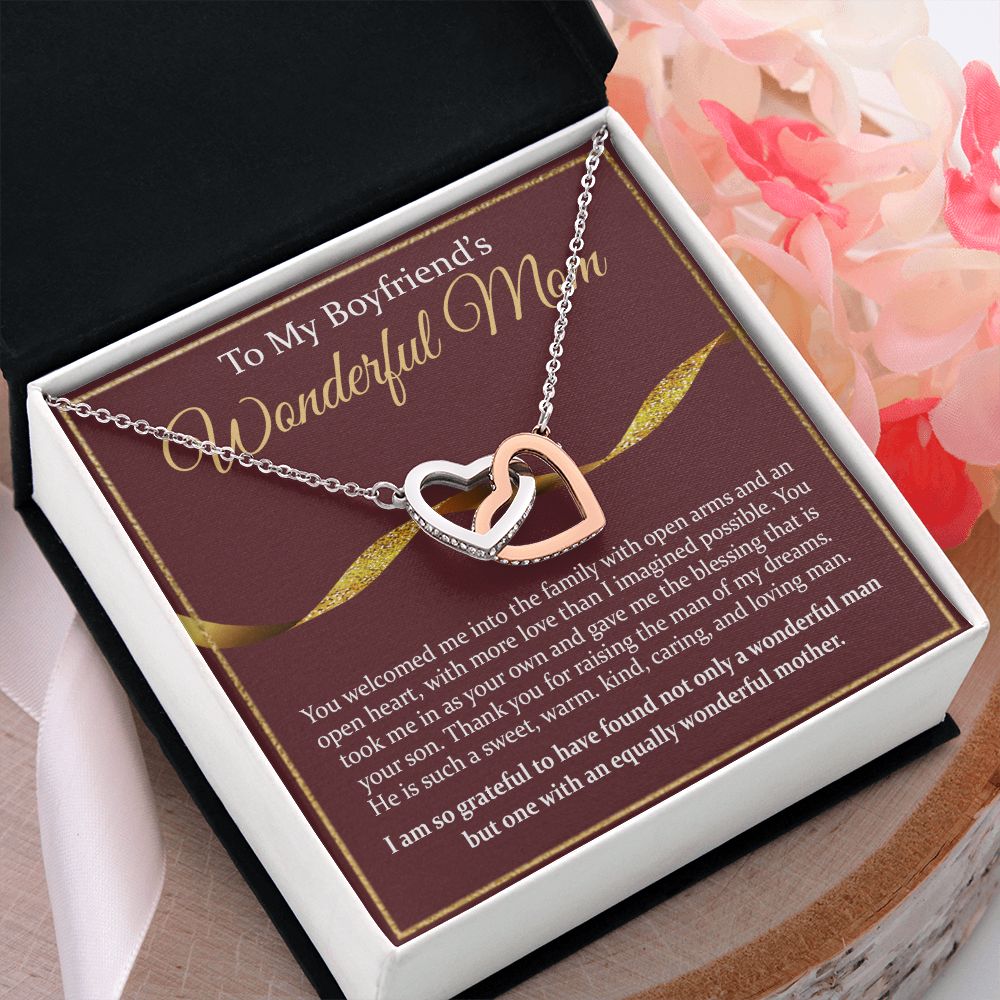 To My Boyfriend's Mom Necklace Mother in Law Jewelry Gift for Christmas Birthday Mother's Day Gift Jewelry Box and Message Card to Boyfriends Mother Gift from Girlfriend Interlocking Hearts Necklace