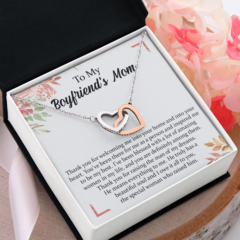 To My Boyfriend's Mom Necklace, Thank You for Raising Man Necklace, Gift to My Boyfriend's Mom for Mothers Day Birthday, Christmas, Going Away, Retirement Jewelry for Women Interlocking Hearts Necklace