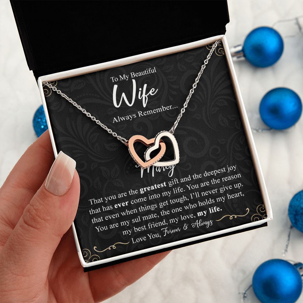 Wife Necklace Gift From Husband To My Beautiful Wife Interlocking Heart Pendant Valentines Day Anniversary Jewelry with Message Card and Gift Box Gift for Wife Necklace Gift Set for Wife